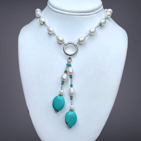 🌺Gorgeous Sterling, Genuine Pearl & Turquoise Necklace - Picture 7 of 14